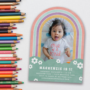 Mint Pink Floral Rainbow Kid's Birthday Invitation