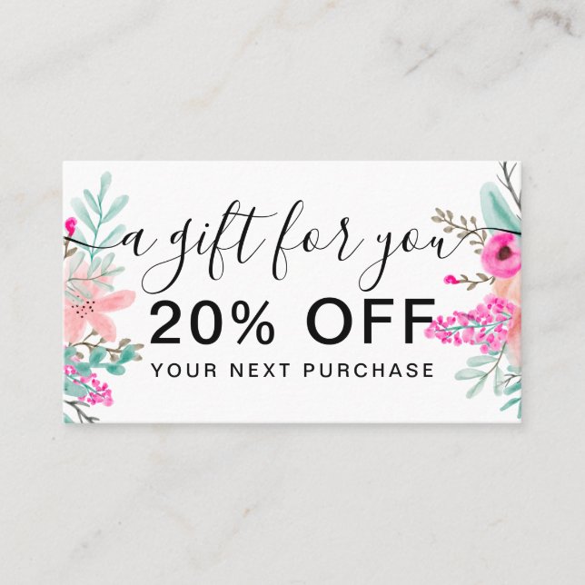Mint pink floral watercolor bouquet gift discount card (Front)