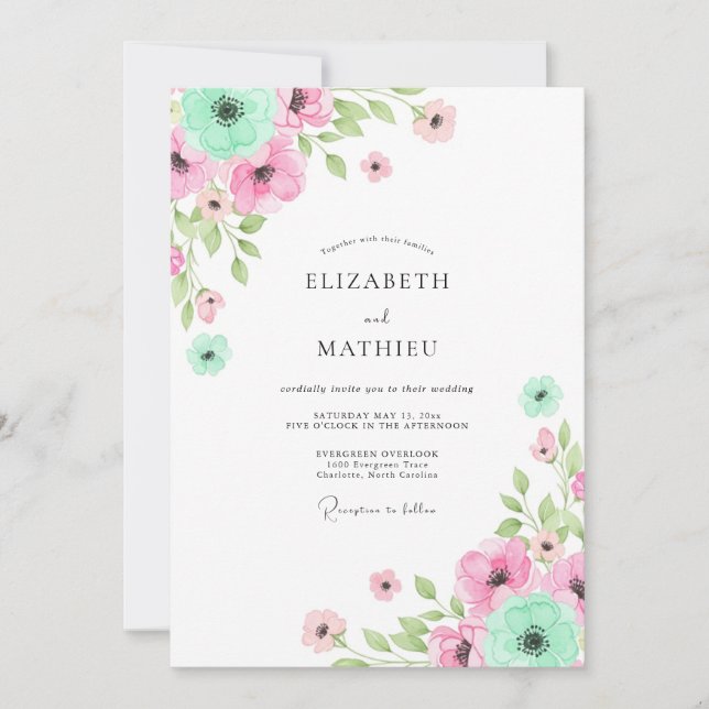 Mint Pink Floral Whimsy Wedding Invitation (Front)