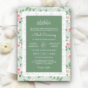Mint Pink Floral White Lace Frame Muslim Wedding Invitation