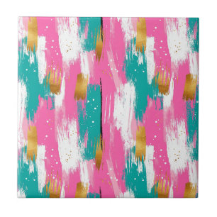 Mint Pink Gold Abstract Brushstroke Pattern Ceramic Tile