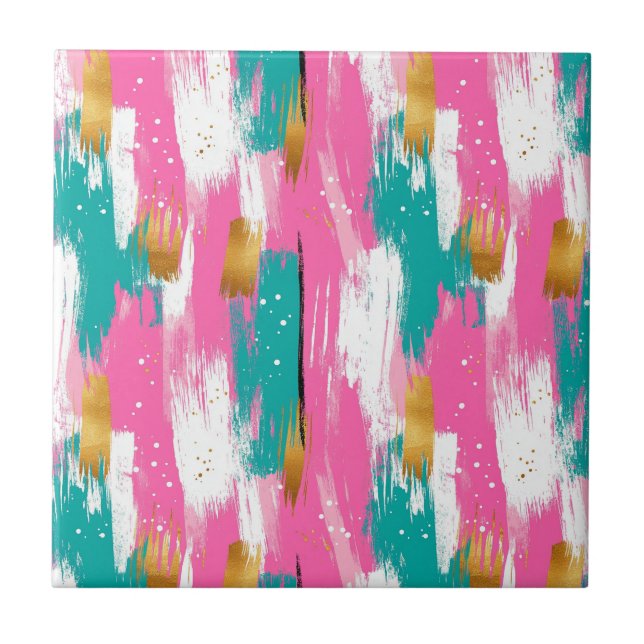 Mint Pink Gold Abstract Brushstroke Pattern Ceramic Tile (Front)