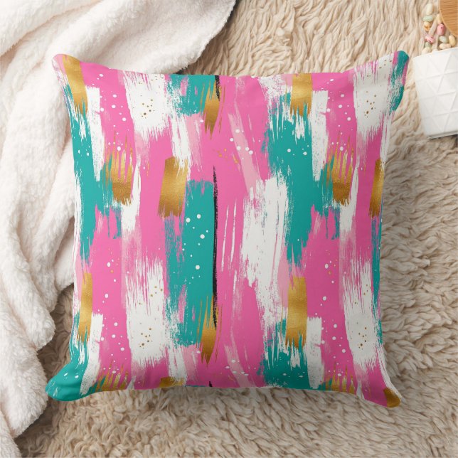 Mint Pink Gold Abstract Brushstroke Pattern Cushion (Blanket)