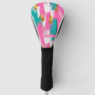 Mint Pink Gold Abstract Brushstroke Pattern Golf Head Cover
