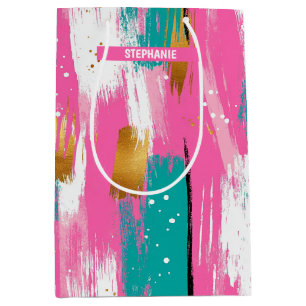 Mint Pink Gold Abstract Brushstroke Pattern Medium Gift Bag