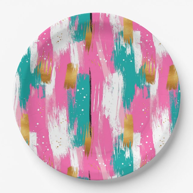 Mint Pink Gold Abstract Brushstroke Pattern Paper Plate (Front)