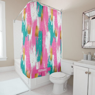 Mint Pink Gold Abstract Brushstroke Pattern Shower Curtain