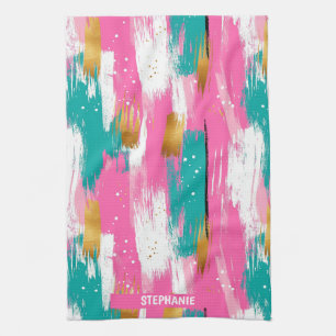 Mint Pink Gold Abstract Brushstroke Pattern Tea Towel
