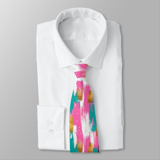 Mint Pink Gold Abstract Brushstroke Pattern Tie (Tied)