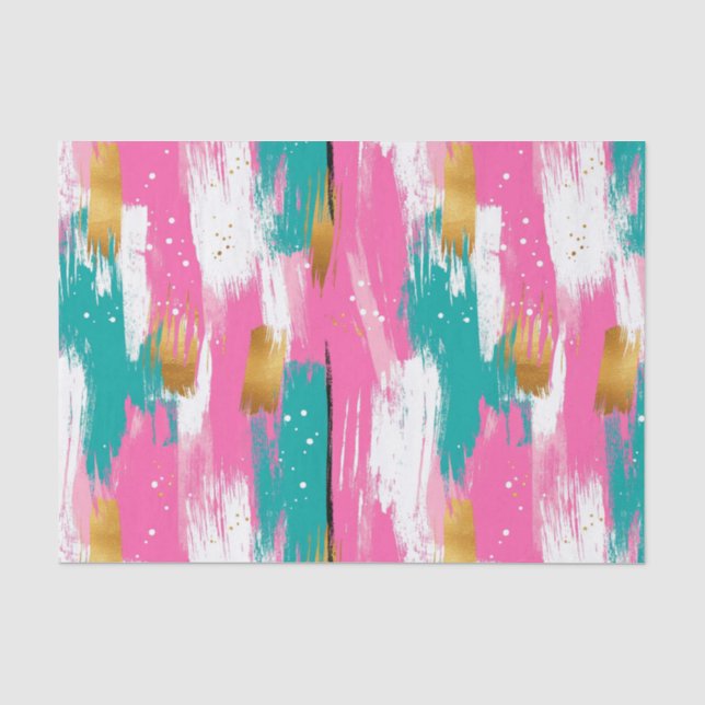 Mint Pink Gold Abstract Brushstroke Pattern Tissue Paper (Front)