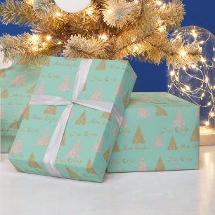 Mint Pink Gold Glitter Shine Christmas Trees Wrapping Paper