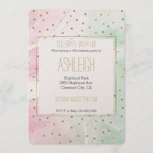 Mint Pink Gold Ombre Confetti Birthday Invitation