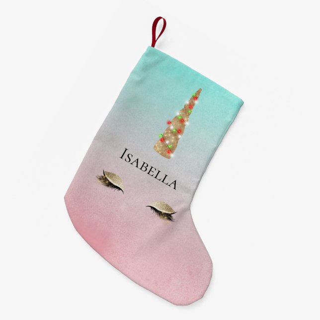 Mint Pink Gold Sparkle Glam Unicorn Lights Small Christmas Stocking (Front (Hanging))