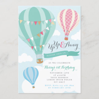 Mint & Pink Hot Air Balloon Birthday Invitation