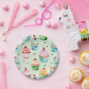 Mint Pink Peach Cupcakes Birthday Paper Plate