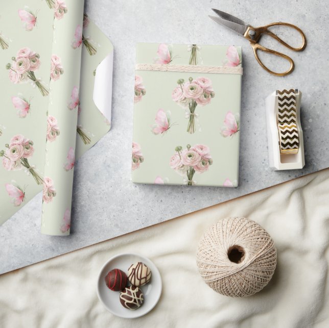 Mint Pink Ranunculus Flowers Butterflies Birthday Wrapping Paper (Crafts)