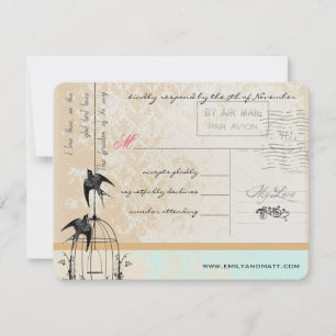 Mint Pink Rich Gold Damask Birdcage Wedding RSVP