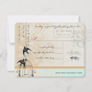Mint Pink Rich Gold Damask Birdcage Wedding RSVP Card