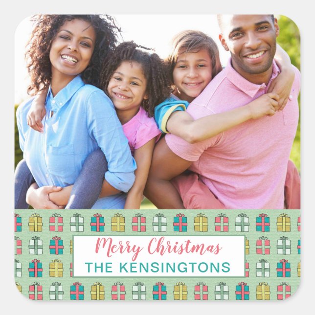 Mint Pink Teal Christmas Pattern Holiday Photo Square Sticker (Front)