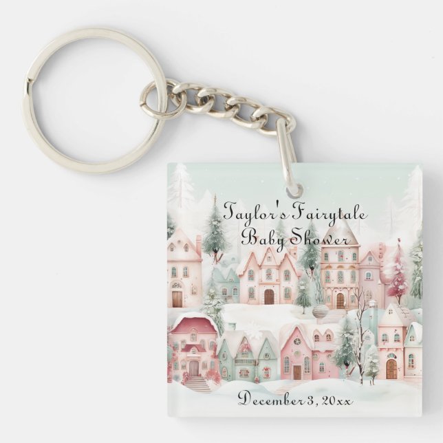 Mint Pink Watercolor Winter Fairytale Baby Shower Key Ring (Front)