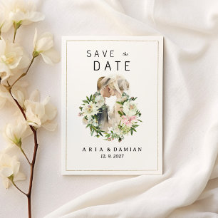 Mint pink white floral couple photo Save the Date  Invitation