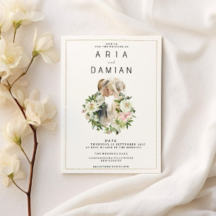 Mint pink white floral couple photo Wedding Invitation