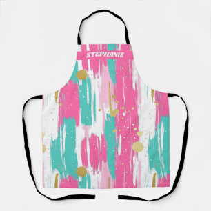Mint, Pink, White & Gold Abstract Brushstrokes Apron