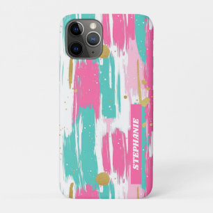 Mint, Pink, White & Gold Abstract Brushstrokes iPhone 11 Pro Case