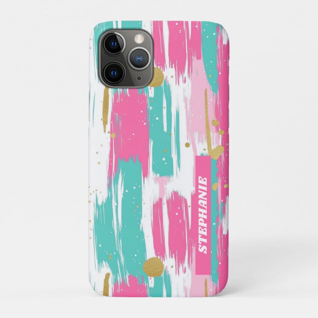 Mint, Pink, White & Gold Abstract Brushstrokes  Case-Mate iPhone Case (Back)
