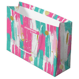 Mint, Pink, White & Gold Abstract Brushstrokes Large Gift Bag