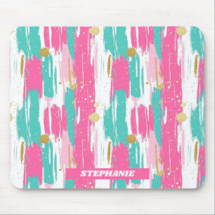 Mint, Pink, White & Gold Abstract Brushstrokes Mouse Pad