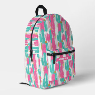 Mint, Pink, White & Gold Abstract Brushstrokes Printed Backpack