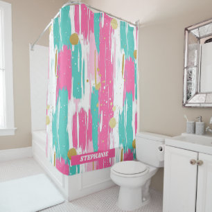 Mint, Pink, White & Gold Abstract Brushstrokes Shower Curtain