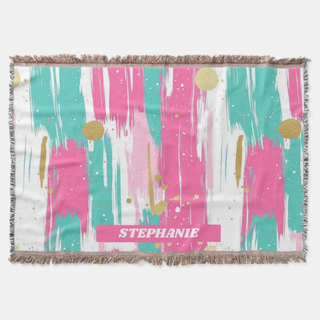Mint, Pink, White & Gold Abstract Brushstrokes  Throw Blanket (Front)