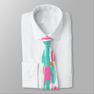 Mint, Pink, White & Gold Abstract Brushstrokes Tie