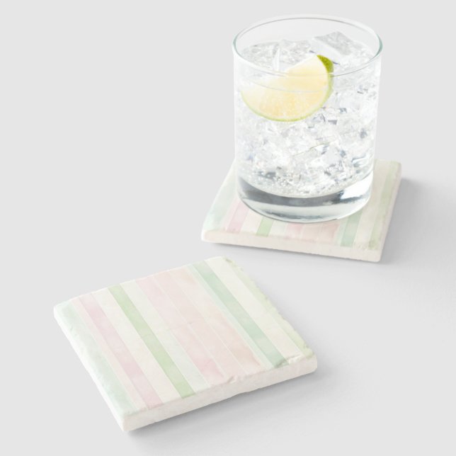 Mint Pink White Stripes Stone Coaster (Side)
