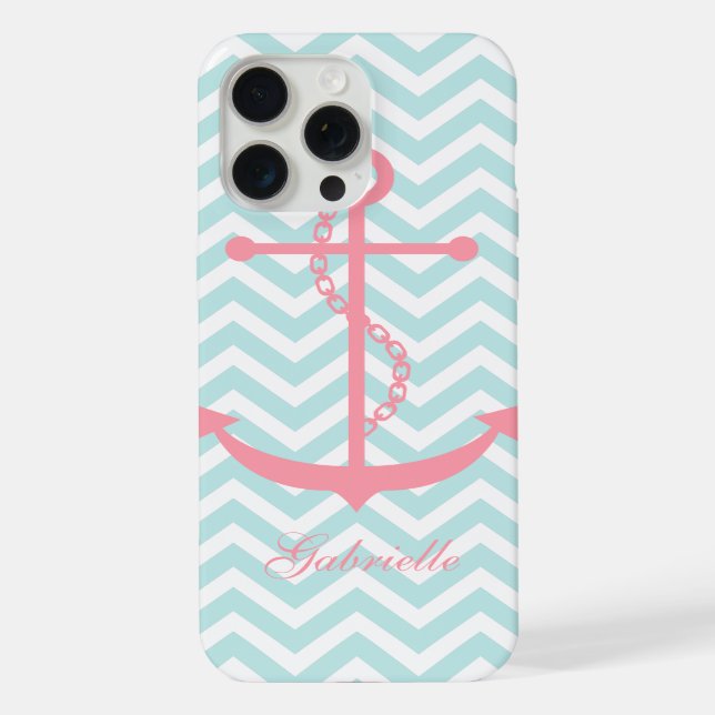 Mint & Pink Zigzags Pattern Anchor iPhone Case (Back)