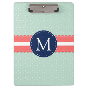 Mint Polka Dot Pattern Coral Navy Blue Monogram Clipboard