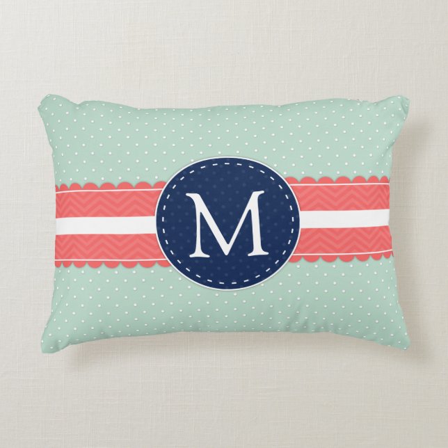 Mint Polka Dot Pattern Coral Navy Blue Monogram Decorative Cushion (Front)