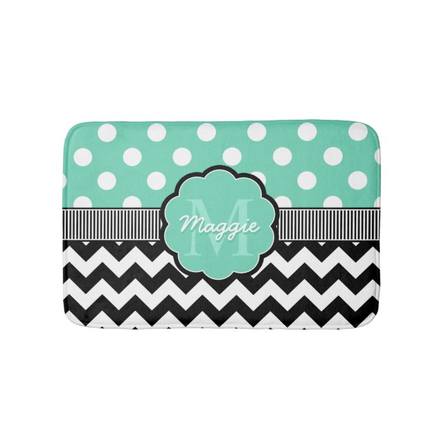 Mint Polka Dots Black Chevron Monogram Bath Mat (Front)
