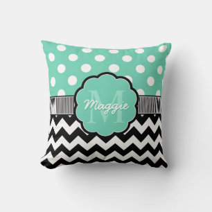 Mint Polka Dots Black Chevron Monogram Cushion