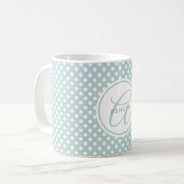 Mint Polka Dots Personalised Name Coffee Mug (Front Left)