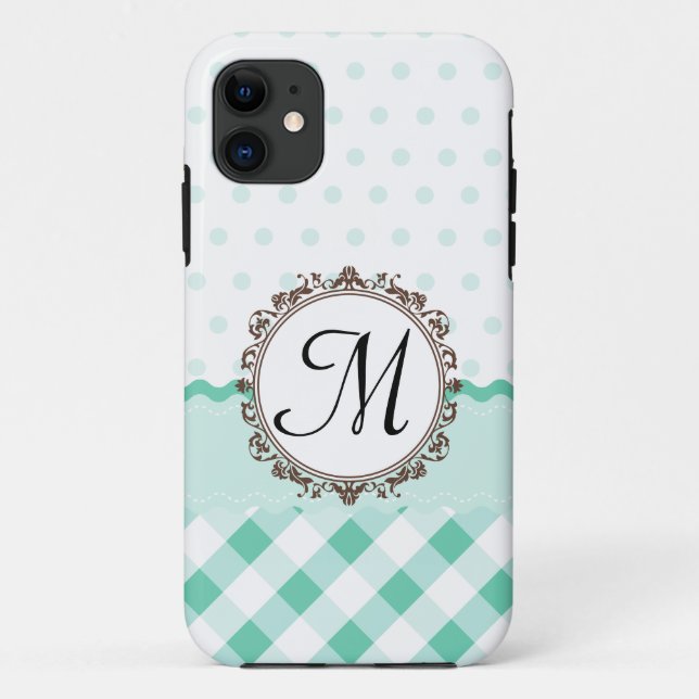 Mint Polkadots, Check and Stripes with Monogram Case-Mate iPhone Case (Back)