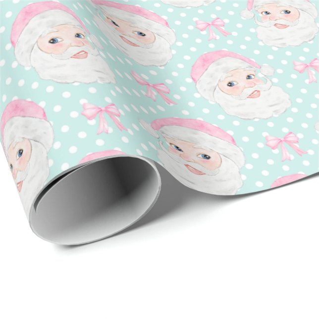 Mint Preppy Pink Hat Santa Pink Bows Polka Dot Wrapping Paper (Roll Corner)