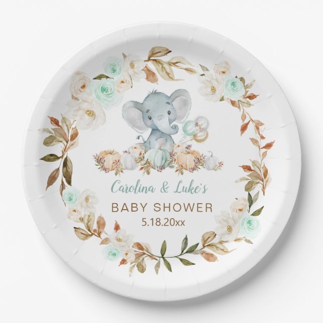 Mint Pumpkin Elephant Baby Shower Party Paper Plat Paper Plate (Front)