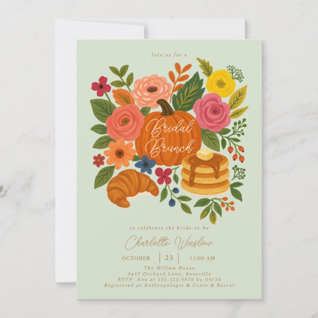 Mint Pumpkin Floral Fall Bridal Brunch Invitation (Front)
