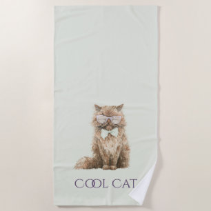 Mint Purple Brown Cool Cat Glasses   Beach Towel
