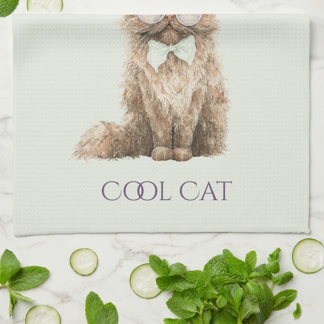 Mint Purple Brown Cool Cat Glasses   Tea Towel (Folded)