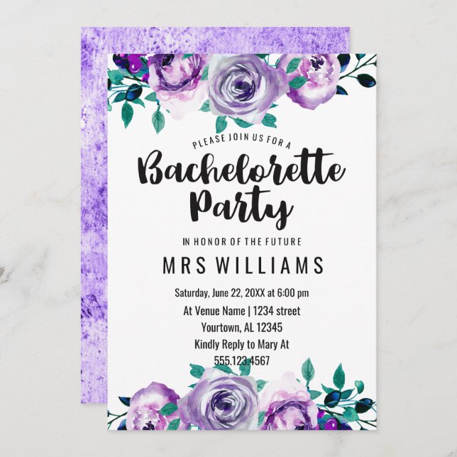 Mint & Purple Floral Bachelorette Party Invitation (Front/Back)