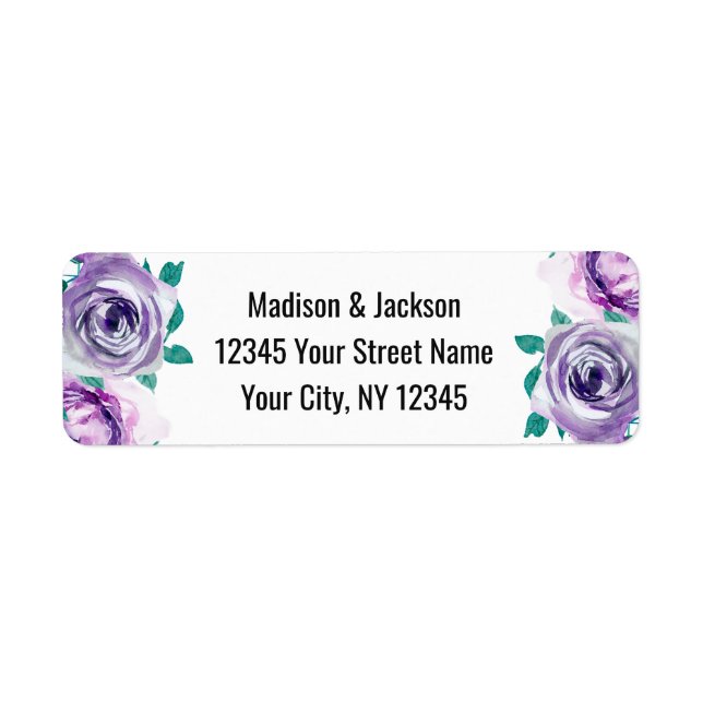 Mint & Purple Floral Rose Wedding Return Address Label (Front)